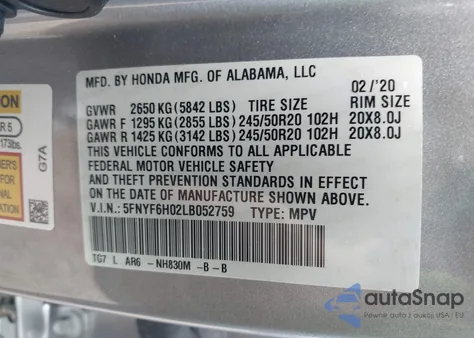 2020 Honda Pilot Awd Elite z USA, uszkodzony, nr VIN 5FNYF6H02LB052759